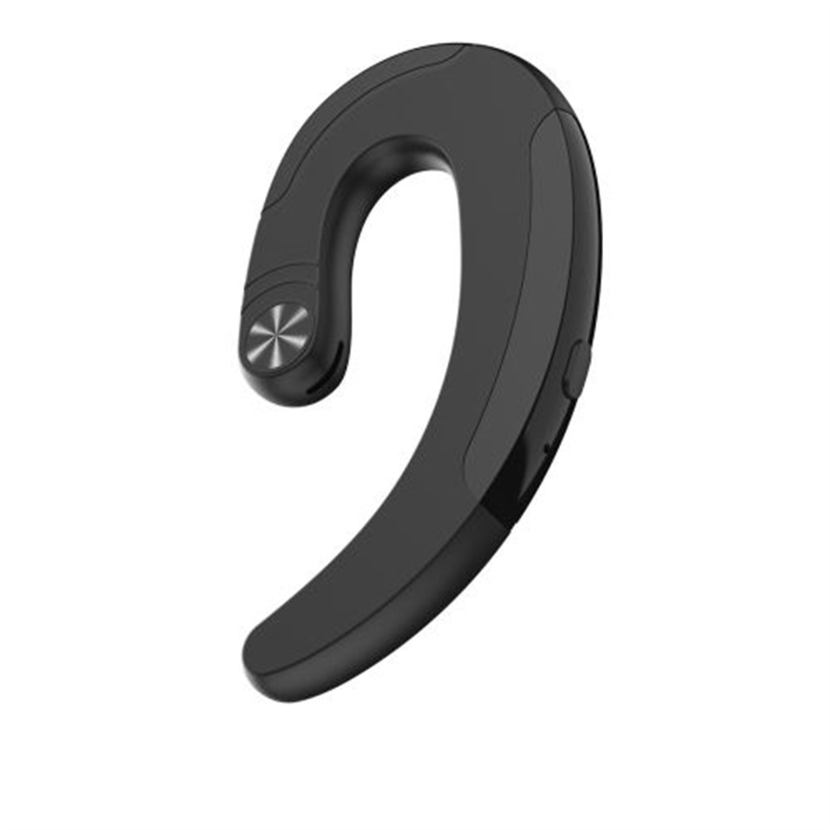 Ein schwarzer, gebogener Kopfhörer. Er hat einen kleinen Knopf und ist so konzipiert, dass er über das Ohr gehängt wird.