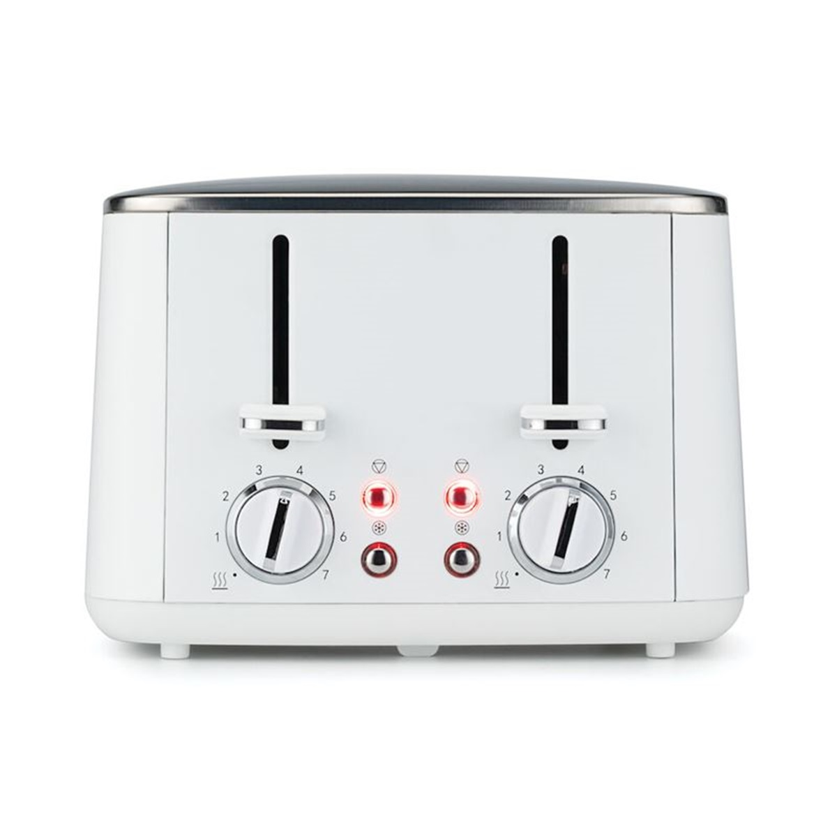 Ein weißer Toaster mit zwei Schlitzen. Es gibt Bräunungseinstellungen und einen Hebel zum Absenken des Brotes.