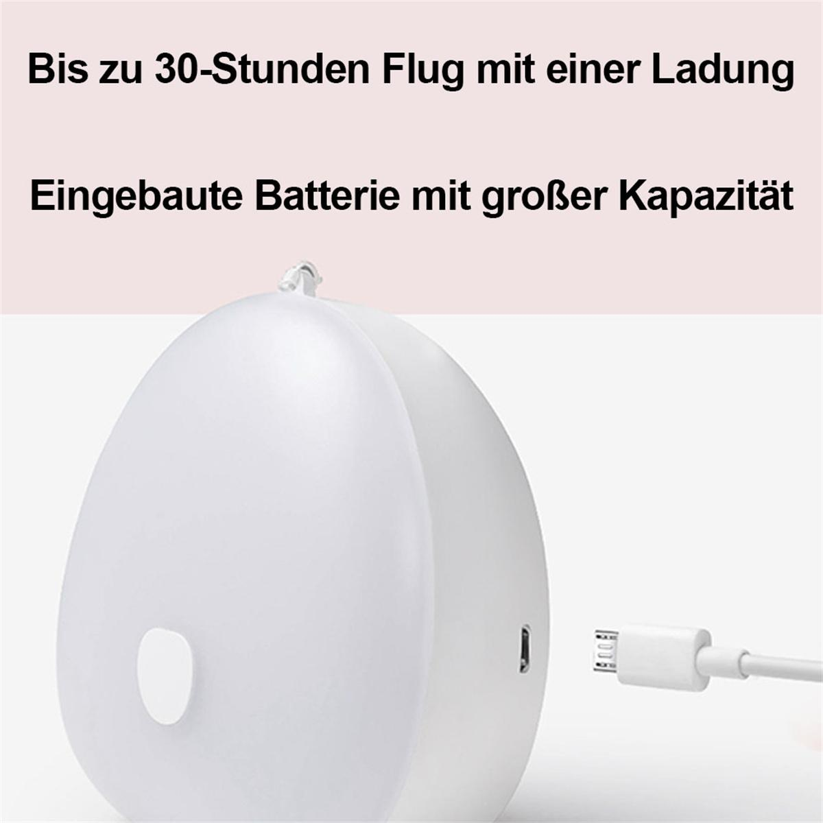 Ein weißes, eiförmiges Gerät mit Ladeanschluss und eingestecktem USB-Kabel. Text auf Deutsch.