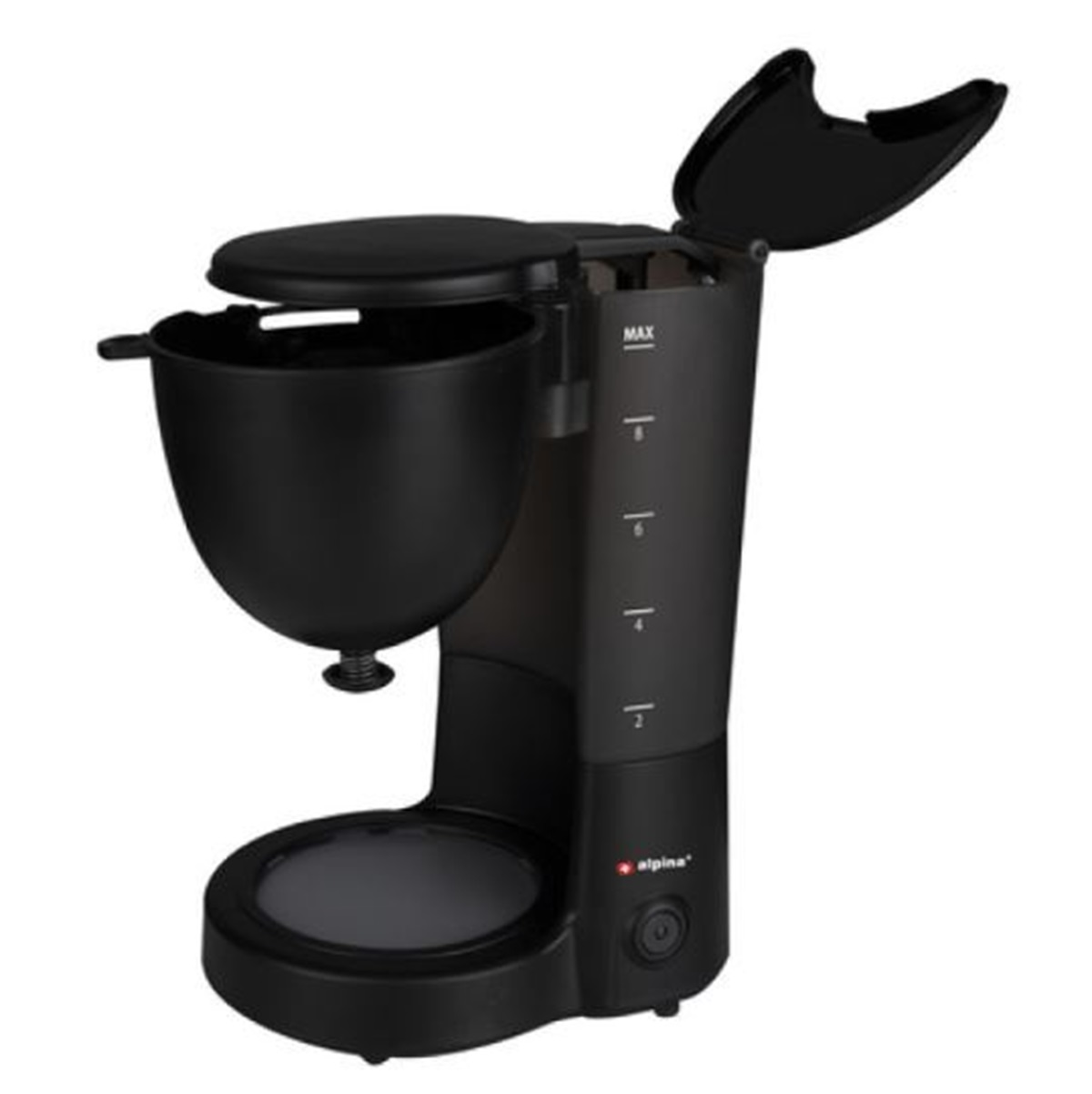 Eine schwarze Kaffeemaschine mit transparenter Wasserstandsanzeige und offenem Deckel.