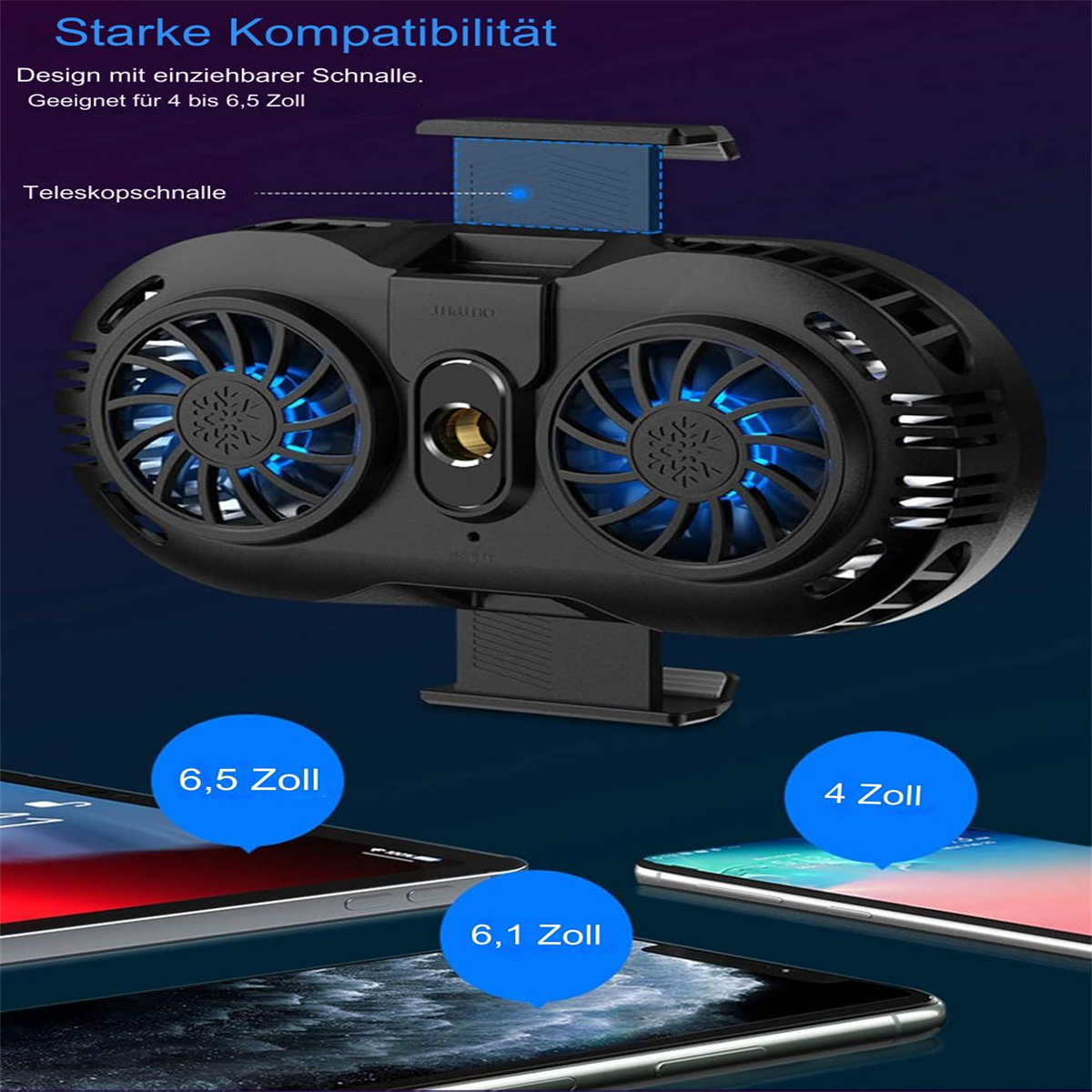 Ein schwarzer Telefonkühler mit blauen Lichtern und einem Telefon, Größen für 4, 6,1 und 6,5 Zoll.