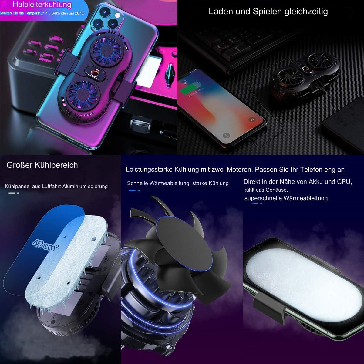 Telefon-Kühlgerät mit Lüftern und befestigtem Telefon. Text zeigt Kühlungsdetails und Funktionen.
