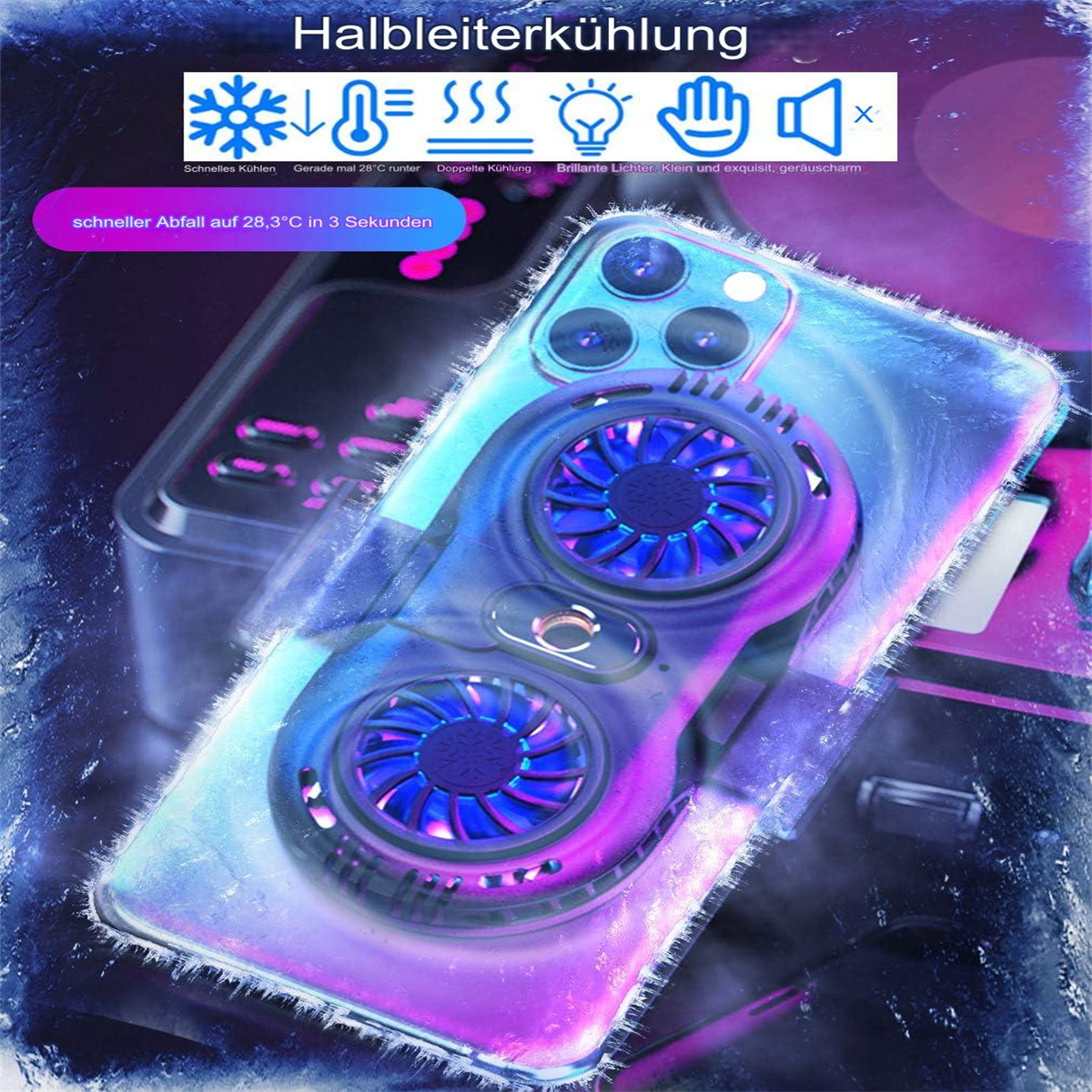 Telefon mit Kühlvorrichtung, blau und lila Töne.