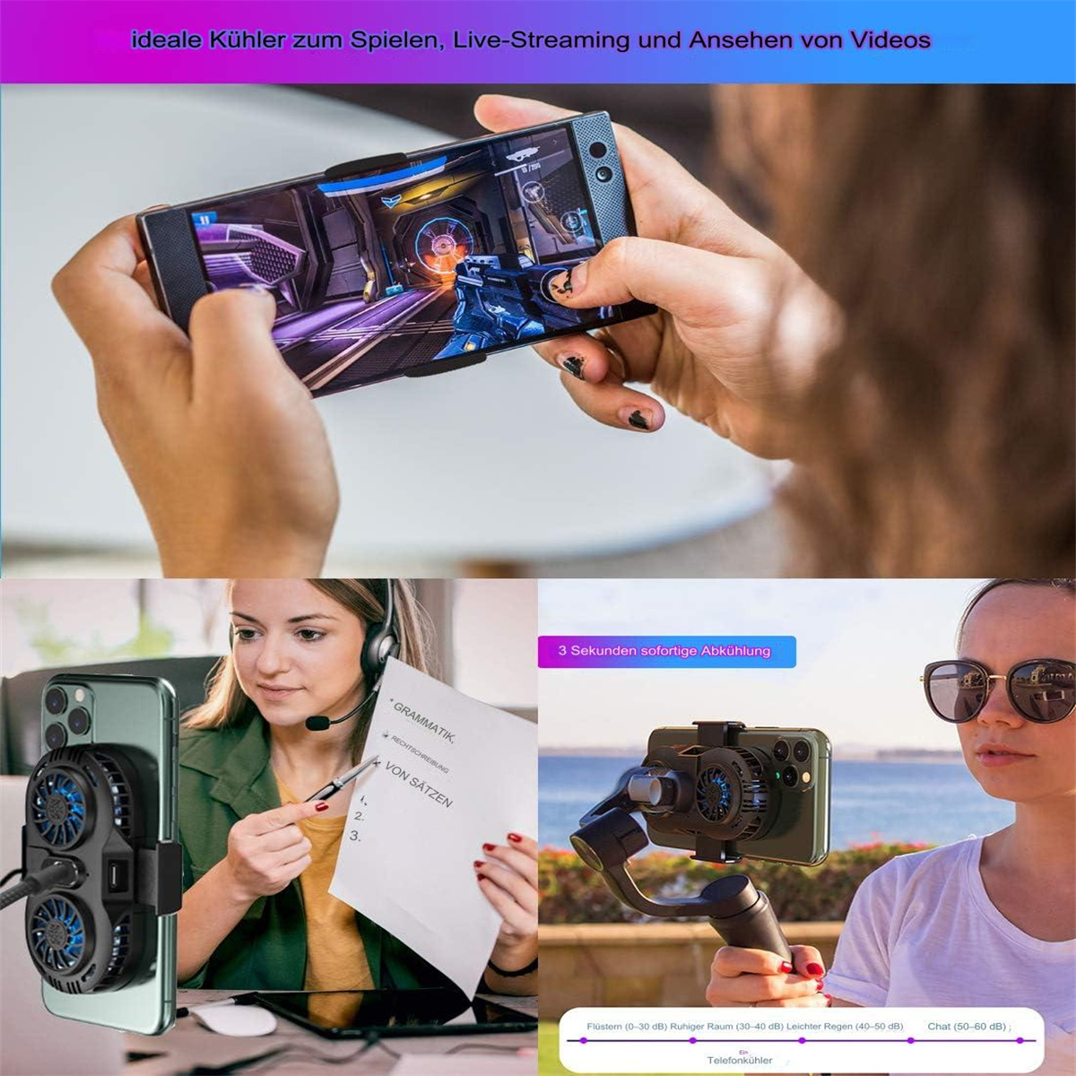 Bildcollage: Telefon mit Spiel, Telefon mit Kühler, Frau mit Mikrofon und Frau mit Sonnenbrille, die auf Wasser blickt.
