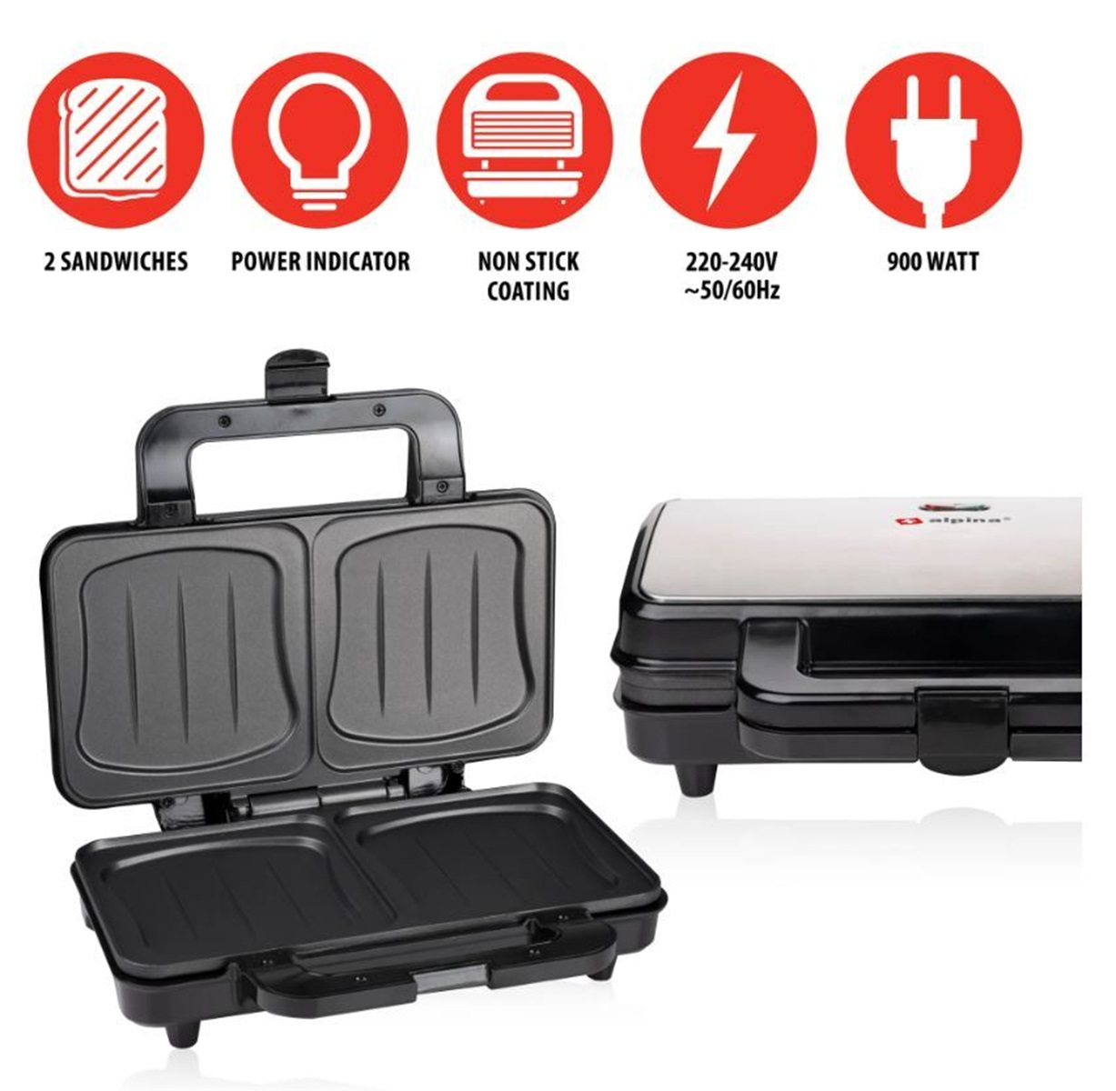 Sandwichmaker met open en gesloten weergaven, rode pictogrammen.