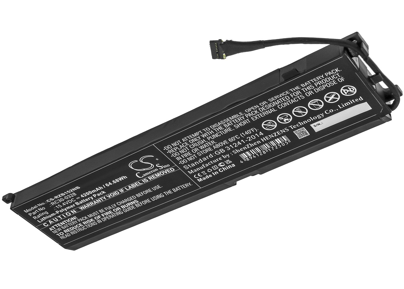Schwarzer Laptop-Akku mit weißem Etikett und Text, schräge Ansicht. Es steht 'Lithium-Polymer Battery'.