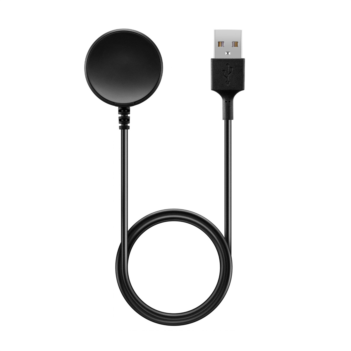 Schwarzes kreisförmiges Smartwatch-Ladegerät mit USB-Kabel. Weißer Hintergrund, Draufsicht.