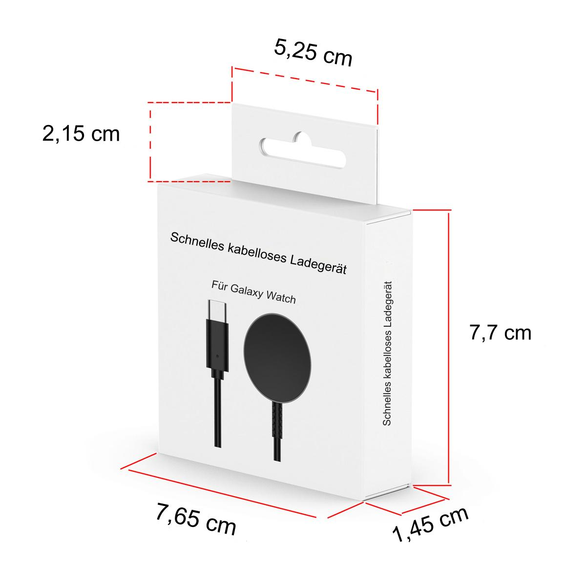 Weiße Box mit Maßen, schwarzem Ladepad und Kabel. Text lautet 'For Galaxy Watch'.