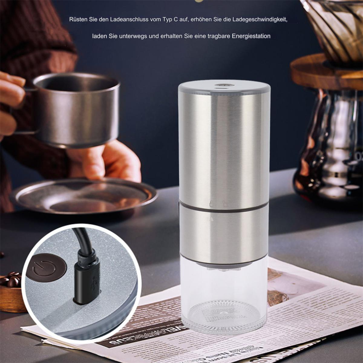 Kaffeemühle aus Edelstahl mit USB-C-Anschluss und Detail des Bodens.