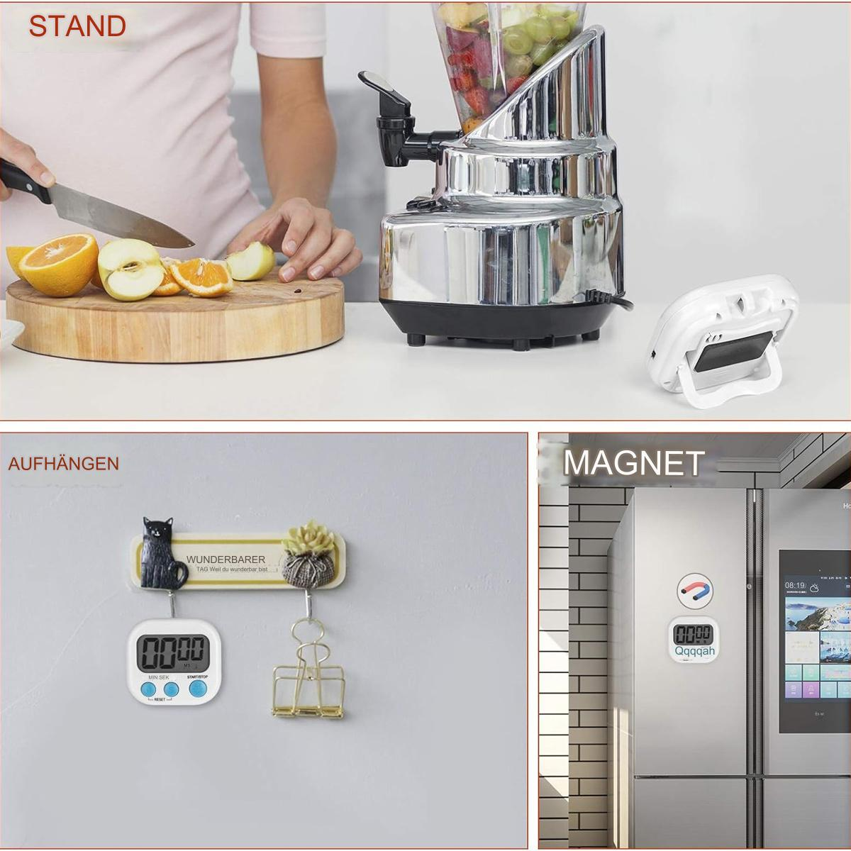 Eine Küchenszene mit einem Timer, einem Mixer und einer Person, die Obst auf einem Holzbrett schneidet.