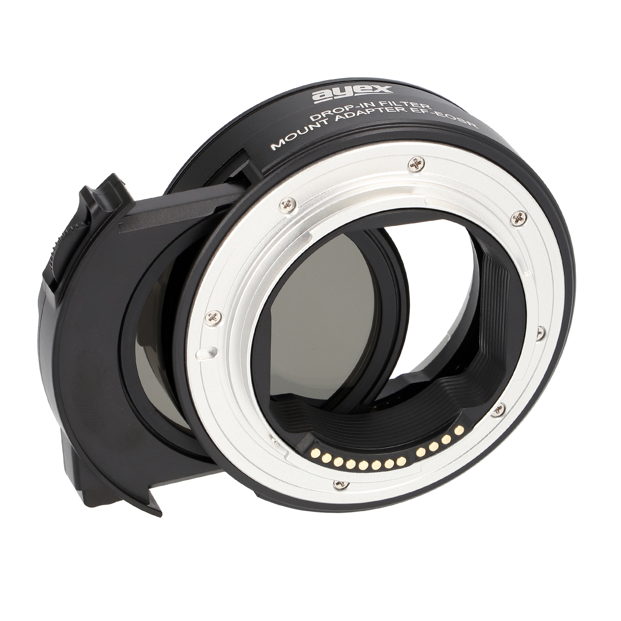 Schwarzer Objektivadapter mit silbernen Ringdetails, schräge Ansicht.