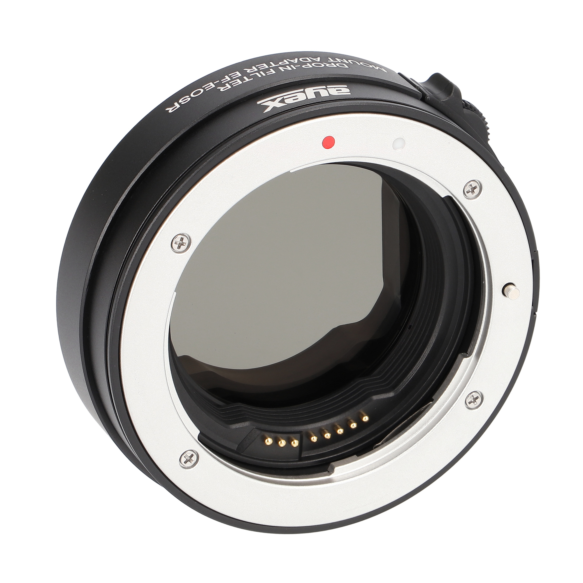 Ein schwarzer Objektivadapter mit silbernem Ring und Filter, von oben betrachtet.