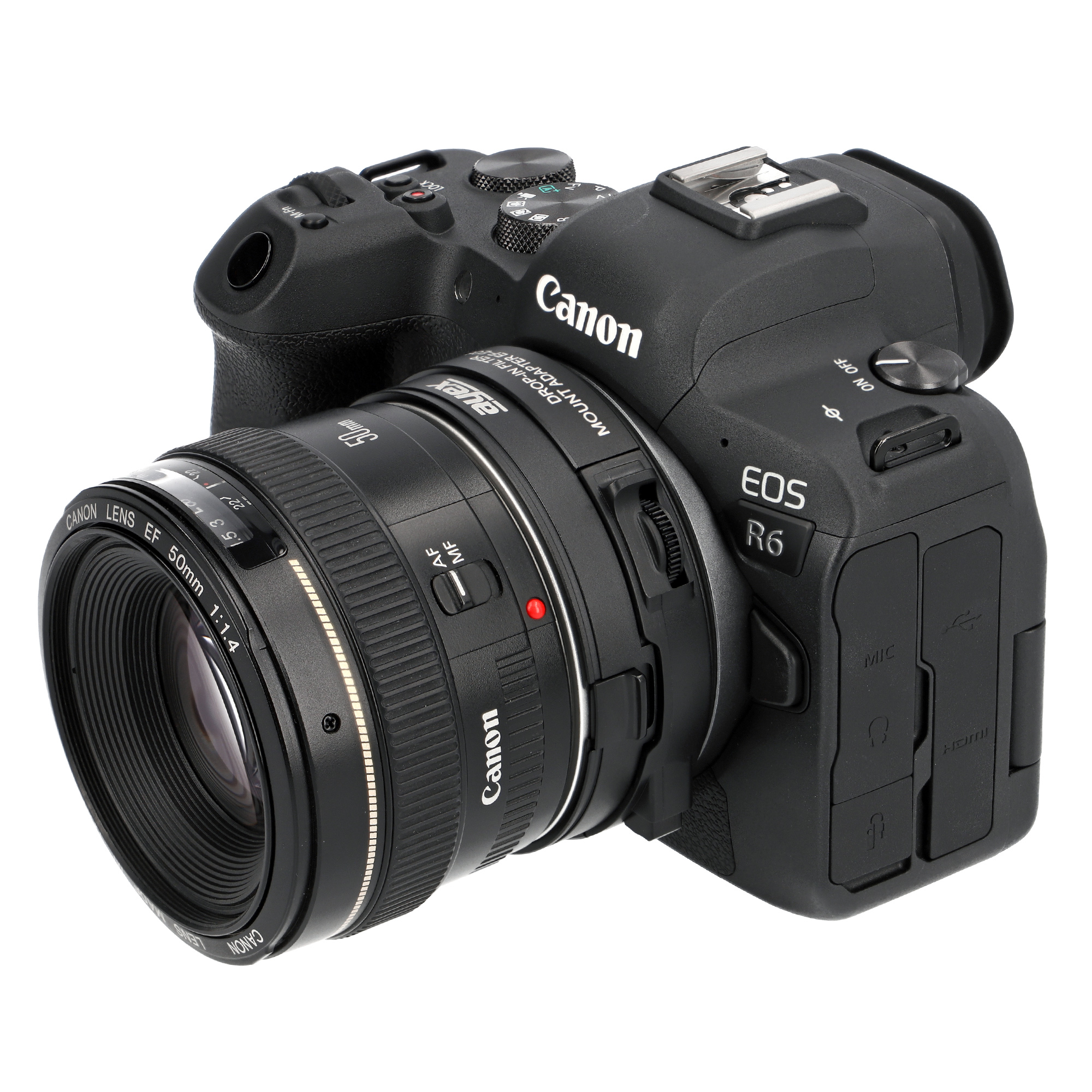 Schwarze Canon EOS R6 Kamera mit Objektiv. Das Objektiv ist schwarz mit roten Details.