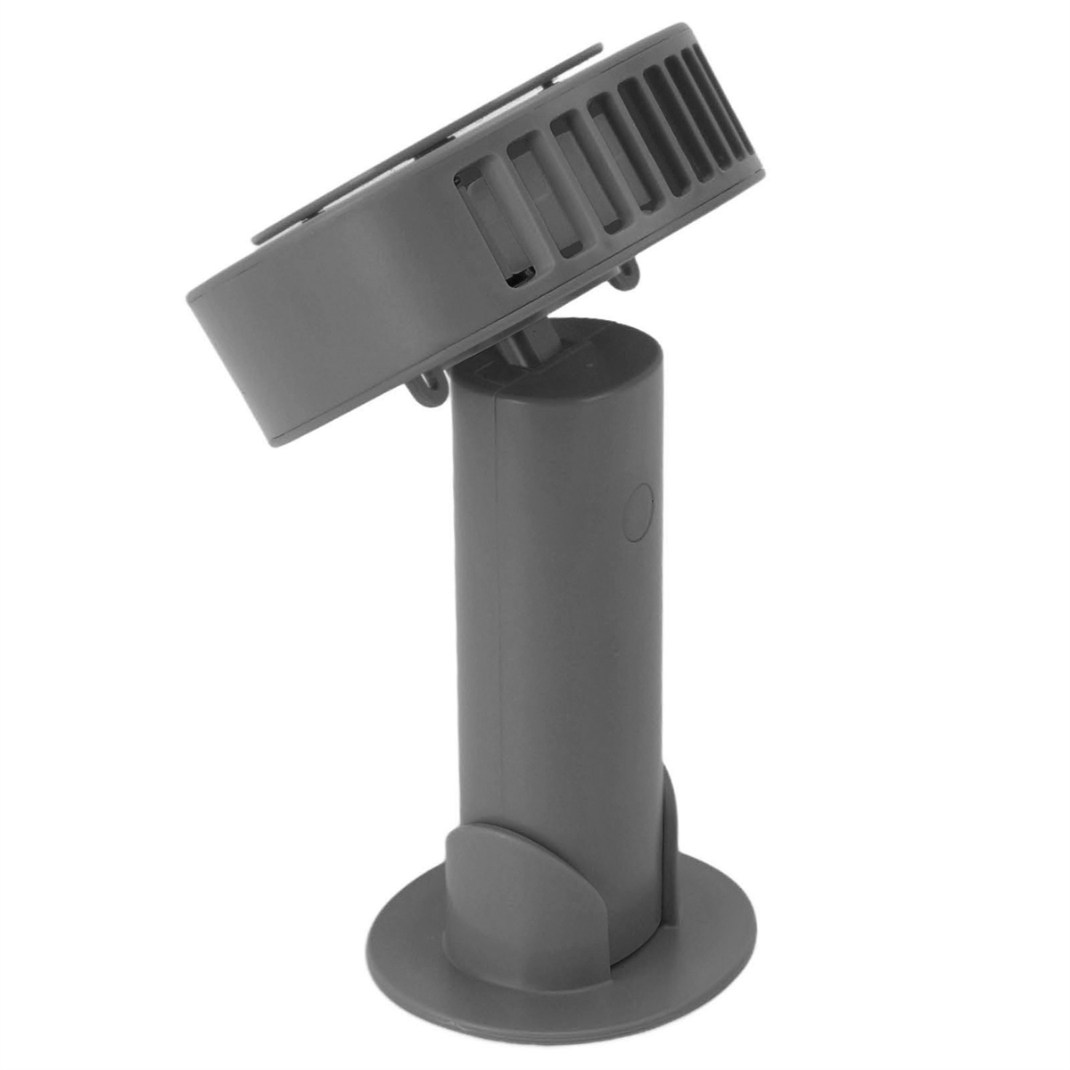 Ein grauer Minifächer auf einem Ständer. Der Ventilator ist nach oben abgewinkelt.
