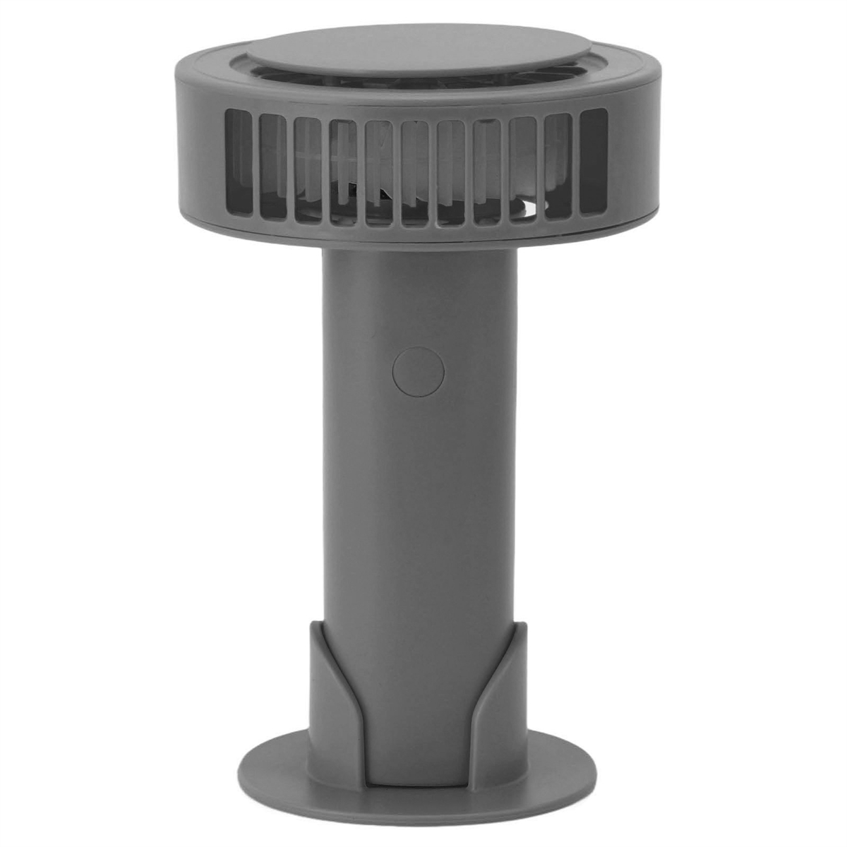 Ein grauer, zylindrischer Ventilator mit vertikalen Schlitzen und einem kreisförmigen Sockel, für Luftzirkulation.