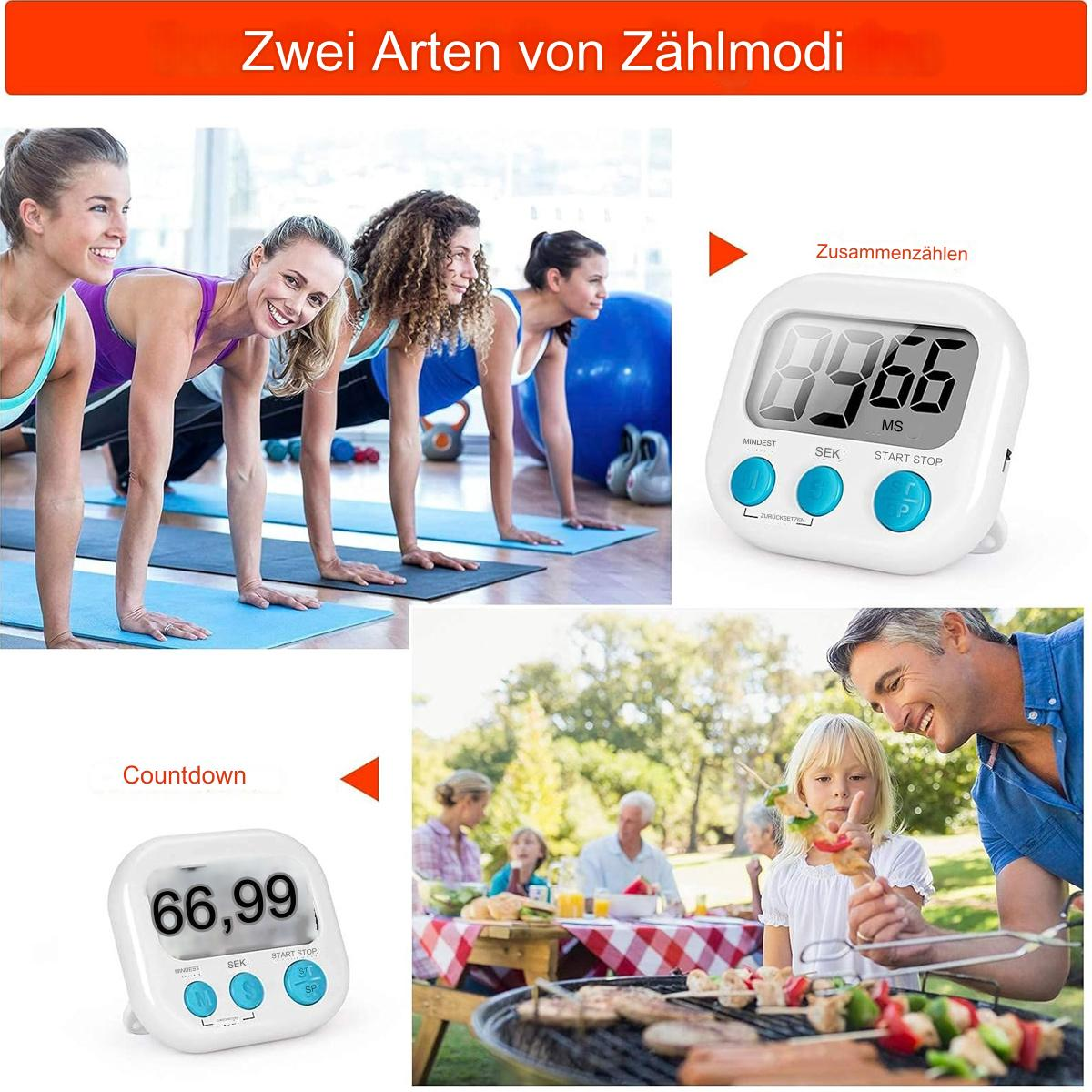 Bilder von Menschen beim Training, einem Timer, der die Zeit anzeigt, und einer Familie. Alles ist zeitbezogen.