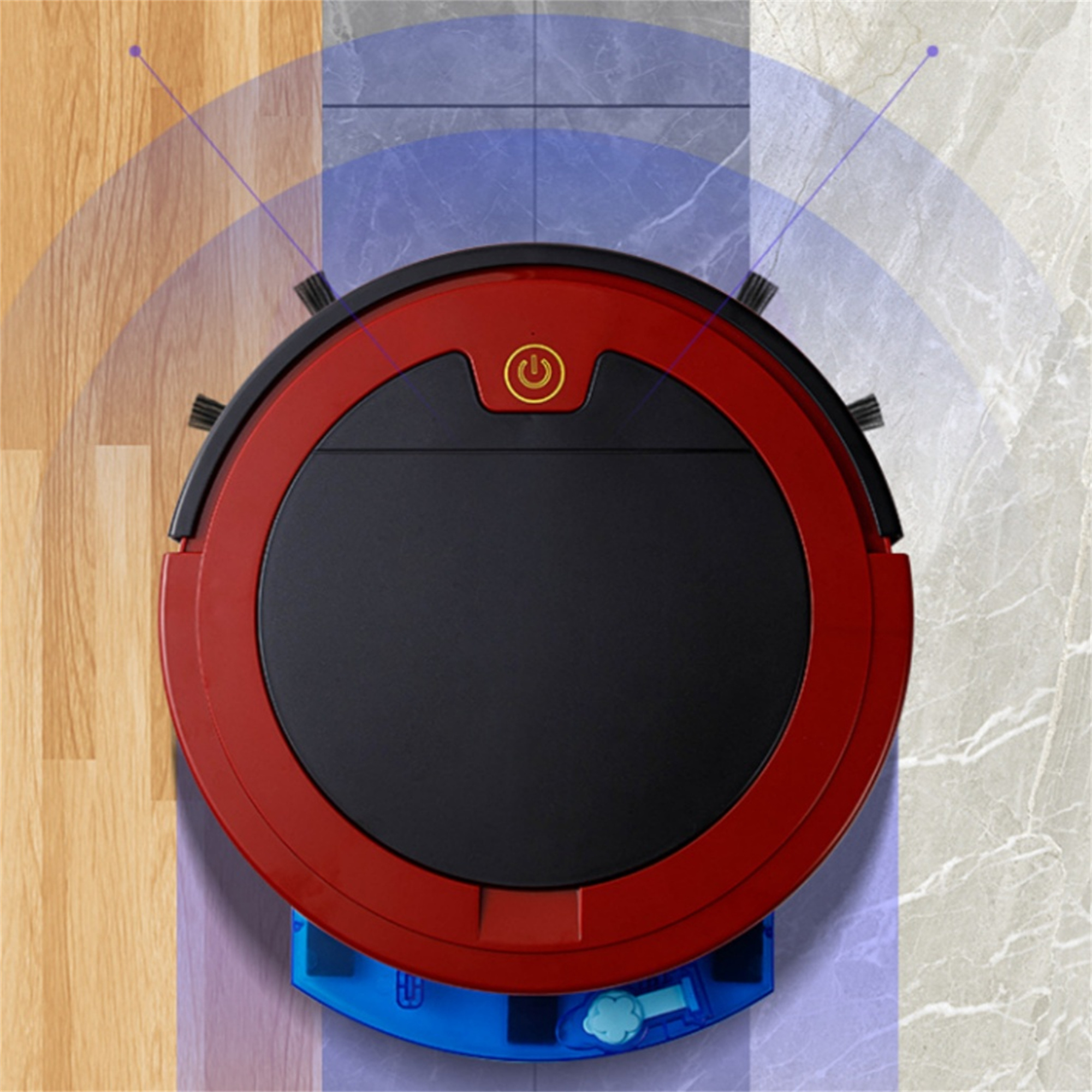 Roter und schwarzer Roboter-Staubsauger auf verschiedenen Bodenoberflächen. Weißer Hintergrund.