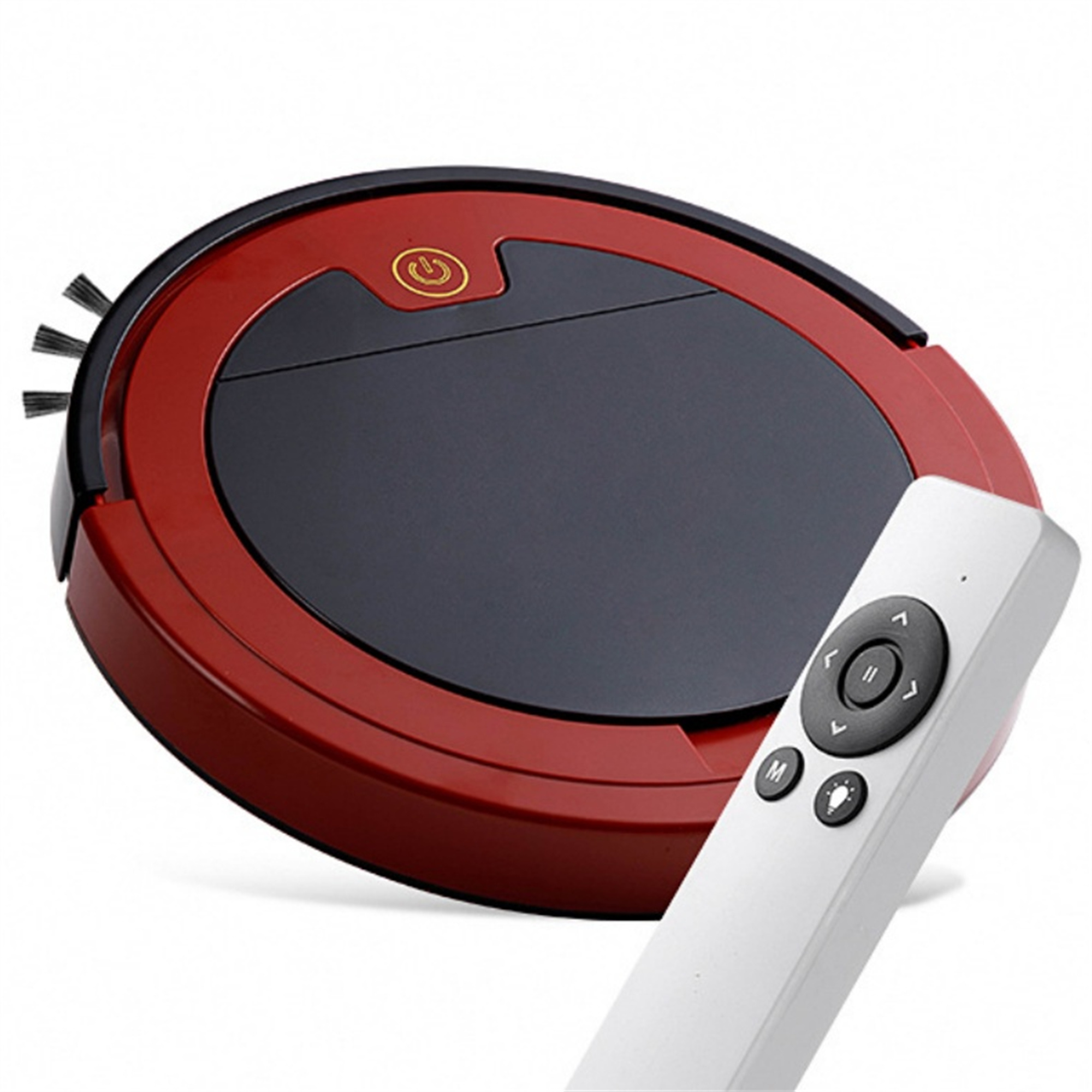 Ein roter und schwarzer Roboter-Staubsauger mit Fernbedienung auf weißem Hintergrund.