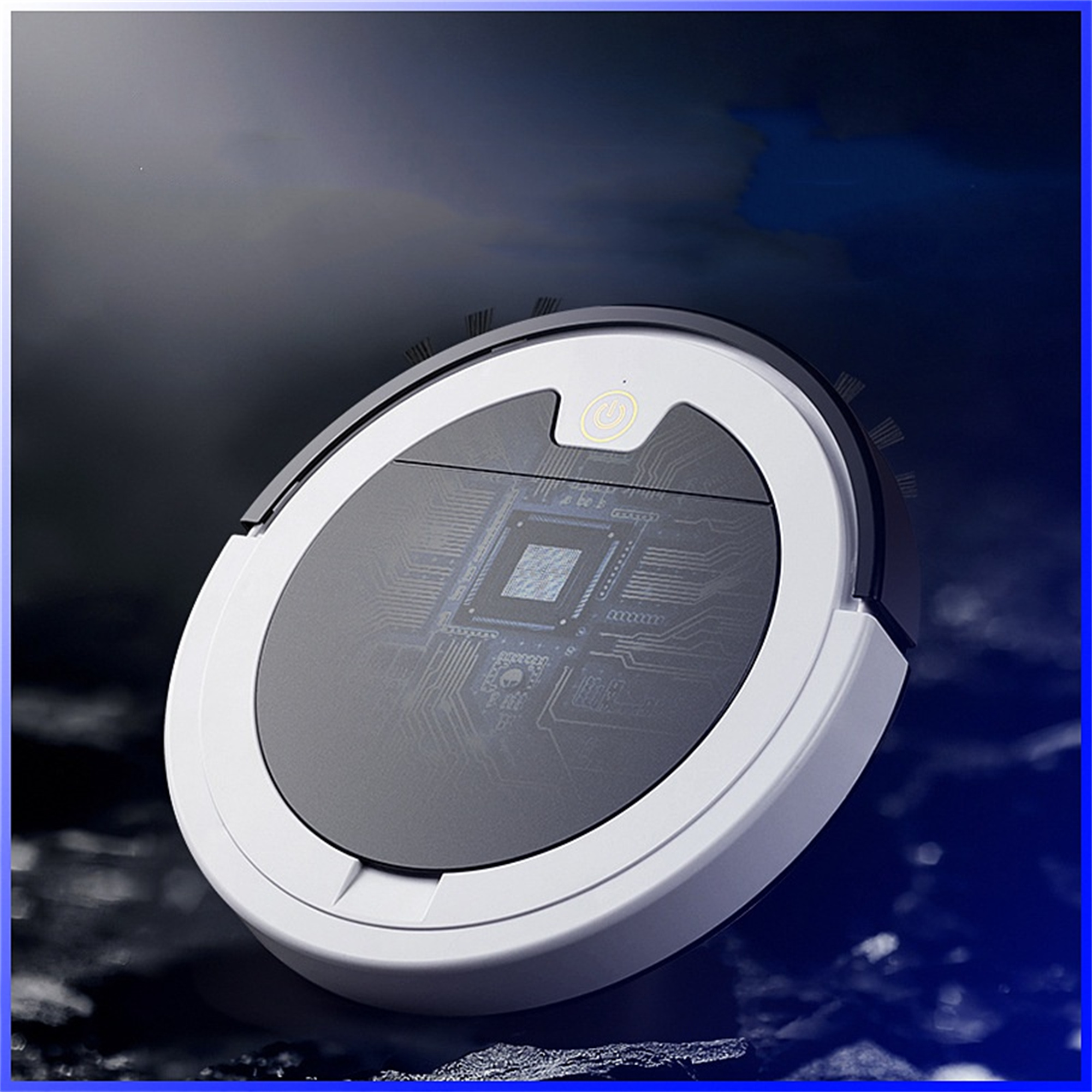 Ein Roboter-Staubsauger in dunkler Umgebung, mit blauer Umgebung und Leiterplattendesign.