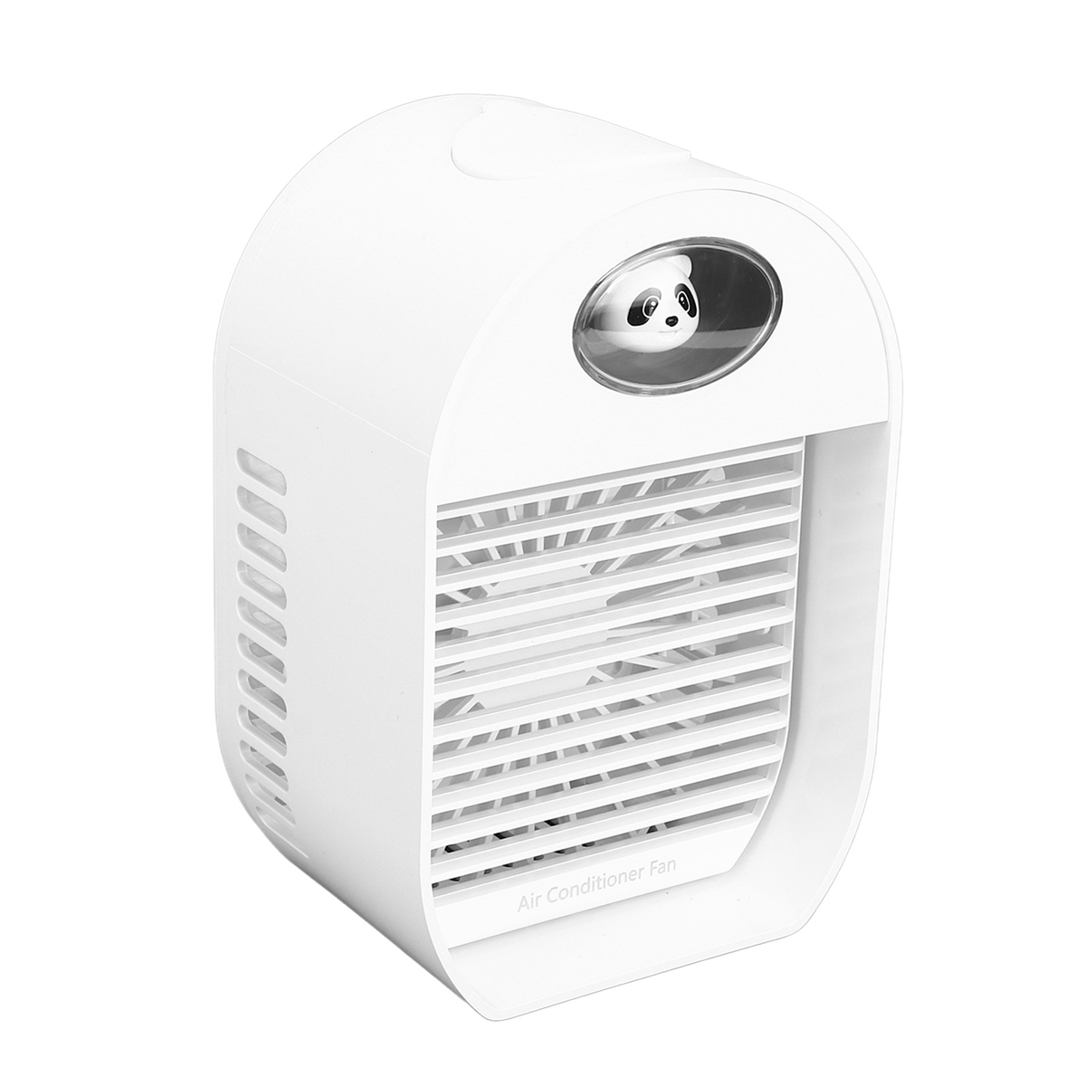 Weißer Klimaanlagenlüfter mit Panda-Gesicht, mit Ventilator vorne und den Worten "Air Conditioner Fan".