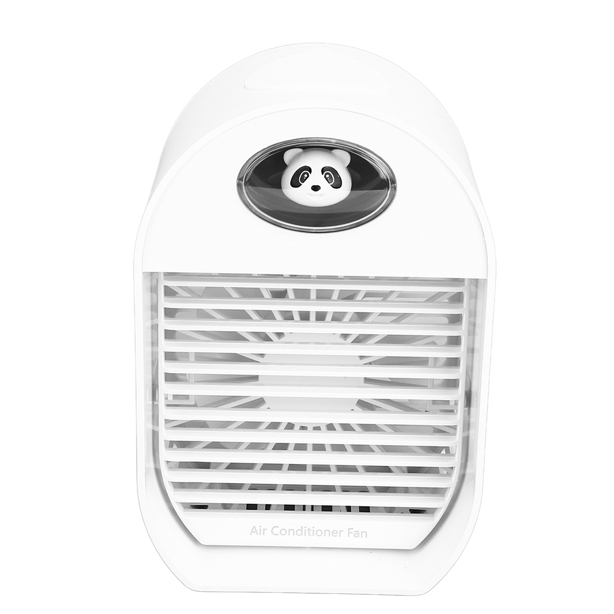 Ein weißer Klimaanlagenventilator mit Pandagesicht und Frontgitter.