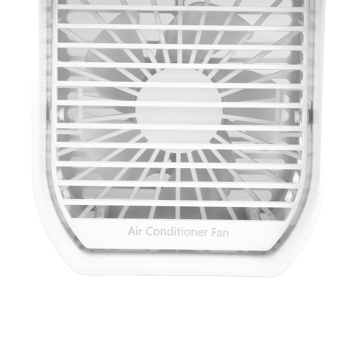 Weißer Klimaanlagenventilator mit Gitter und den Worten 'Air Conditioner Fan'.