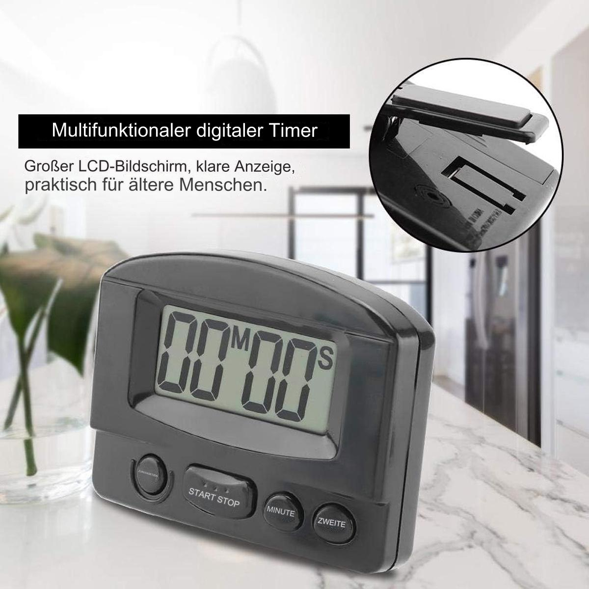 Ein schwarzer digitaler Timer mit einer Anzeige von 00:00. Tasten für Start/Stopp, Minuten und Sekunden.