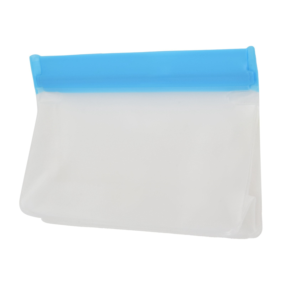 Ein klarer, weißer Plastikbeutel mit blauem Oberteil, versiegelt und leer.
