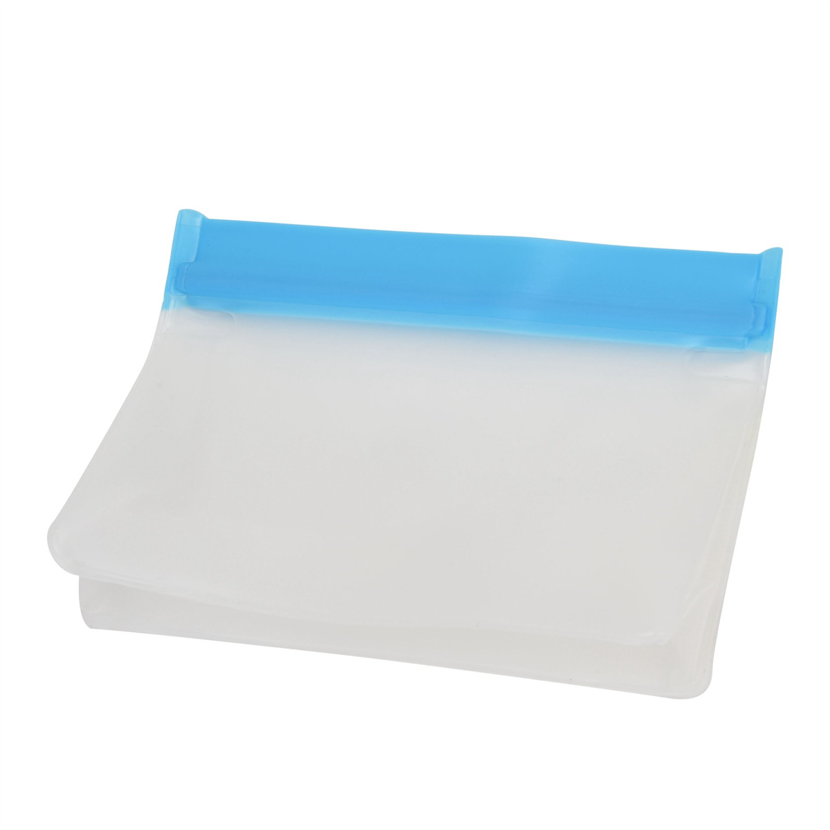 Ein transparenter, blau-bedeckter Lebensmittelbeutel, gefaltet. Der Beutel ist leer.