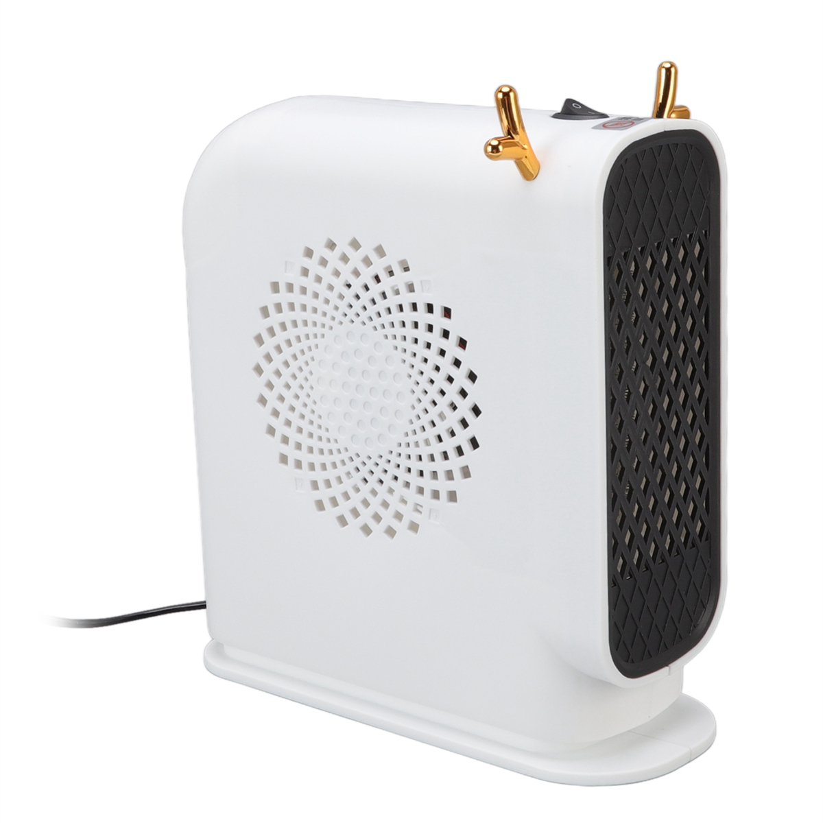 Weißer Elektroheizer mit einzigartigem Design, goldenen Geweihen und schwarzem Lüftungsschlitz.