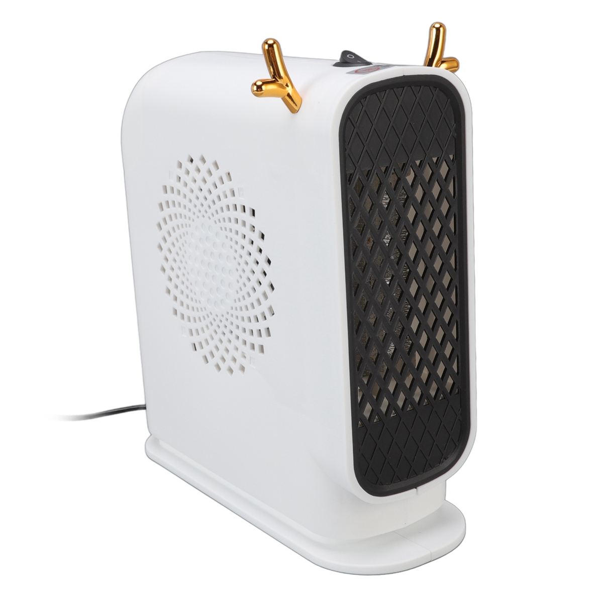 Weißer Elektroheizer mit schwarzem Gitter und goldfarbenen Geweihen. Der Heizkörper steht auf einer weißen Fläche.