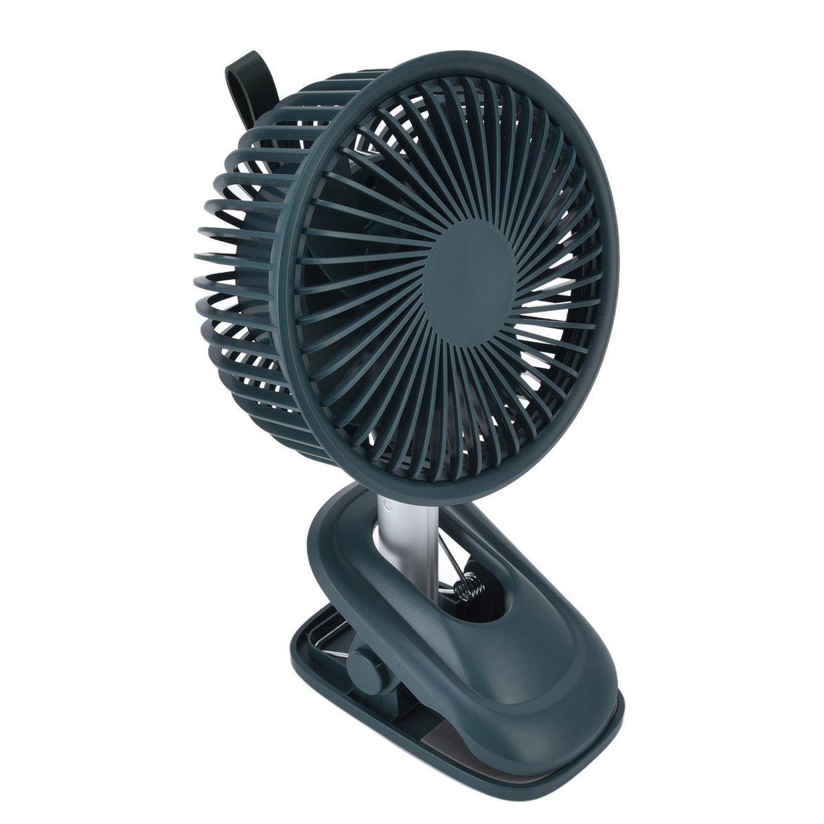 Dunkelgrüner Clip-Ventilator mit rotierendem Lüfterblatt und Clip-Basis.