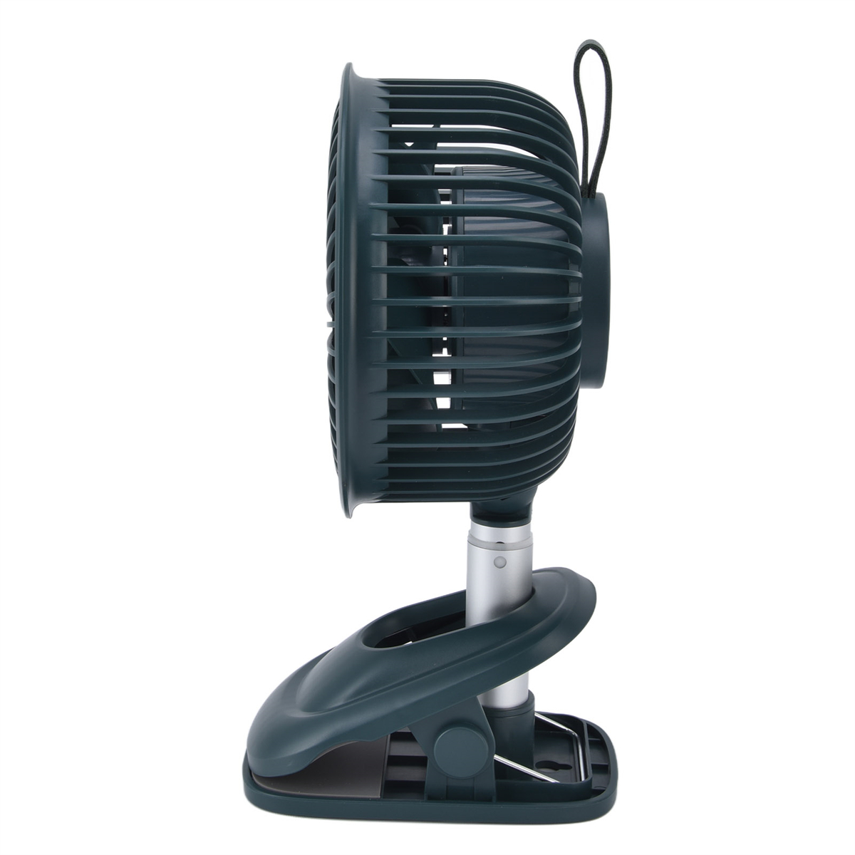 Ein grüner Ventilator mit Clip, Ständer und Griff.