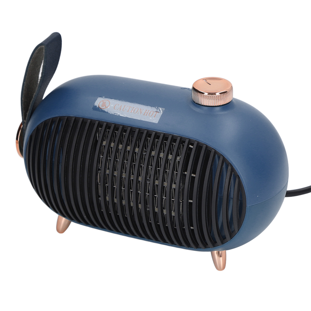 Eine blau-weiß-ovale Heizung mit Hasenohren-Design, mit einem roségoldfarbenen Bedienknopf.