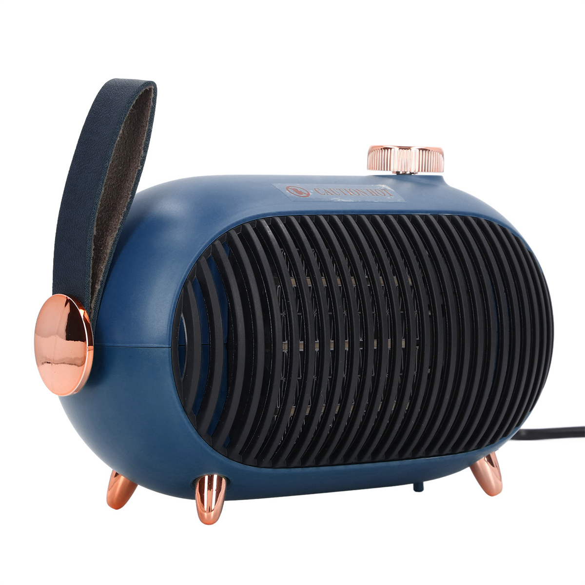 Ein blau-kupferfarbener elektrischer Heizlüfter mit Ledergriff. Es hat einen schwarzen Grill und weißen Hintergrund.
