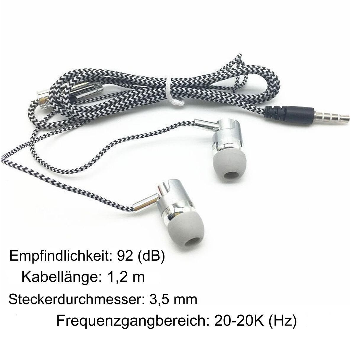 In-Ear-Kopfhörer mit gemustertem Kabel und silbernen Ohrhörern, auf weißem Hintergrund.