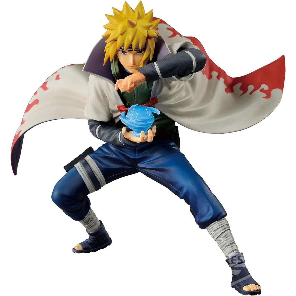 Naruto-Figur, gelbe Haare, weißer Umhang mit roten Flammen, blaue Hose, hält blauen Energieball.