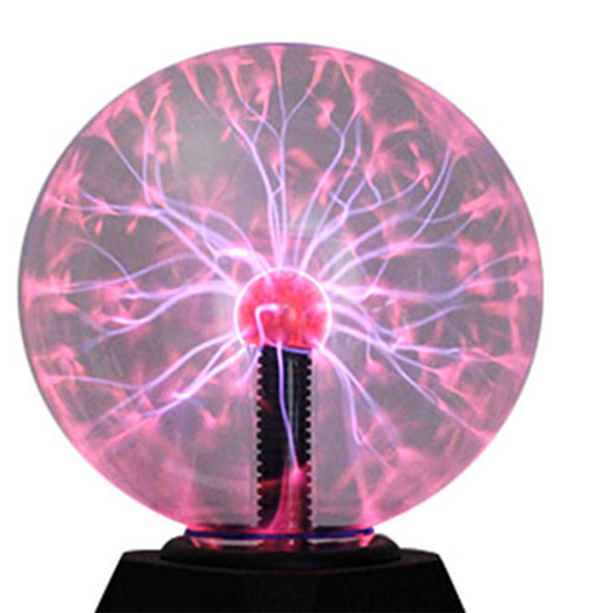 Plasma-Kugel. Eine leuchtende Kugel mit rosa und weißen elektrischen Ranken in einer Glaskugel.
