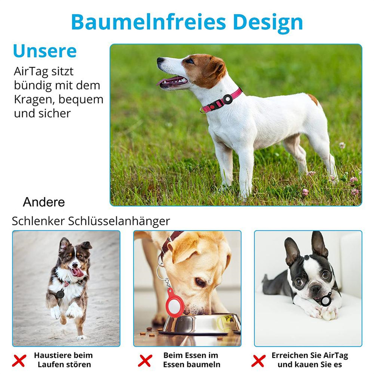 Diagramm zur Verwendung von AirTag bei Hunden. Enthält Bilder und Warnungen zur Verwendung.