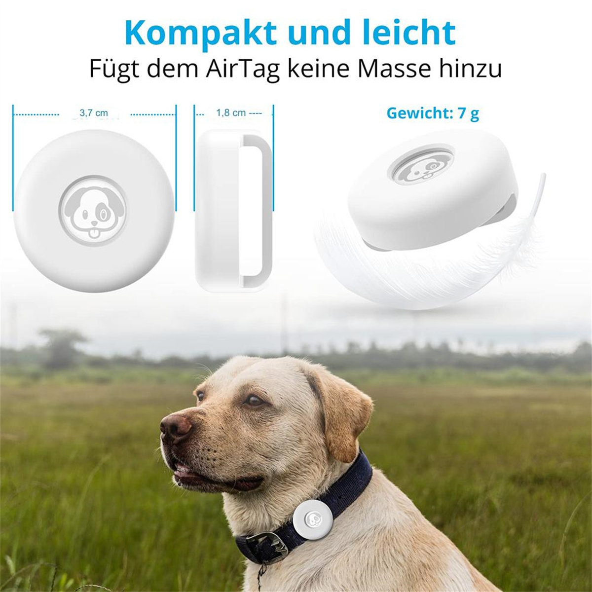Weißes AirTag mit Abmessungen und einem Hund mit dem Tag am Halsband.