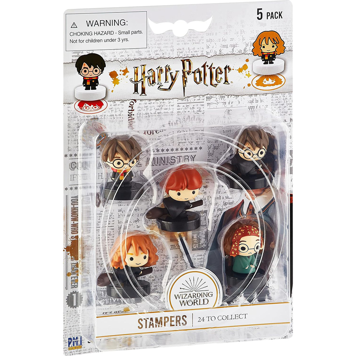 Eine Packung Harry Potter Charakter-Stempel, mit verschiedenen Figuren und dem 'Wizarding World' Logo.