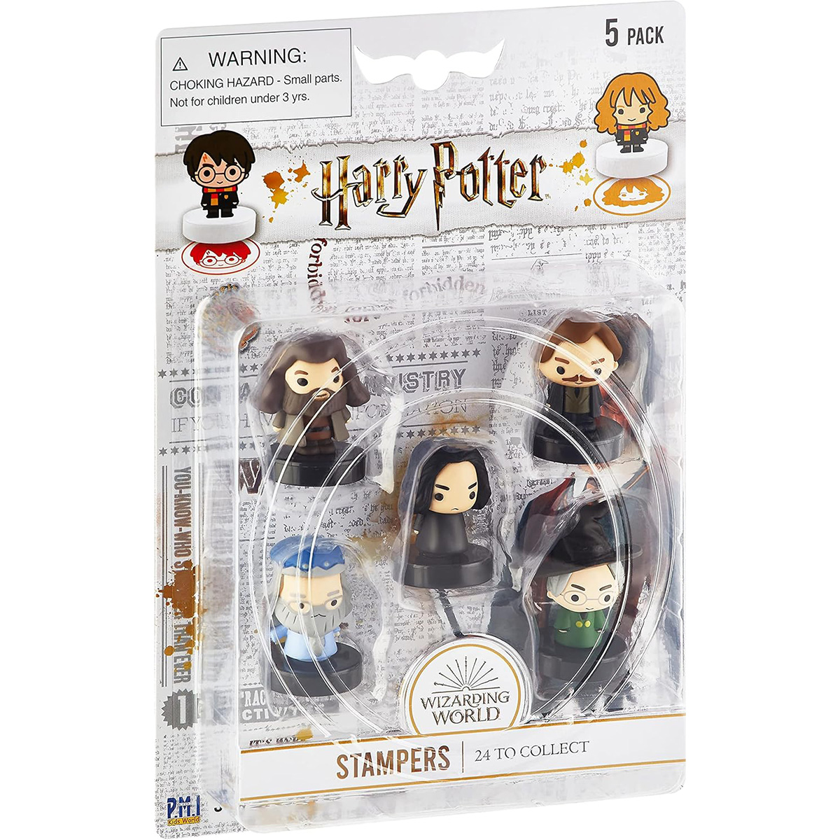 Ein Harry Potter Stempel-Set mit verschiedenen Charakteren und einem Warnhinweis. Weißer Hintergrund.