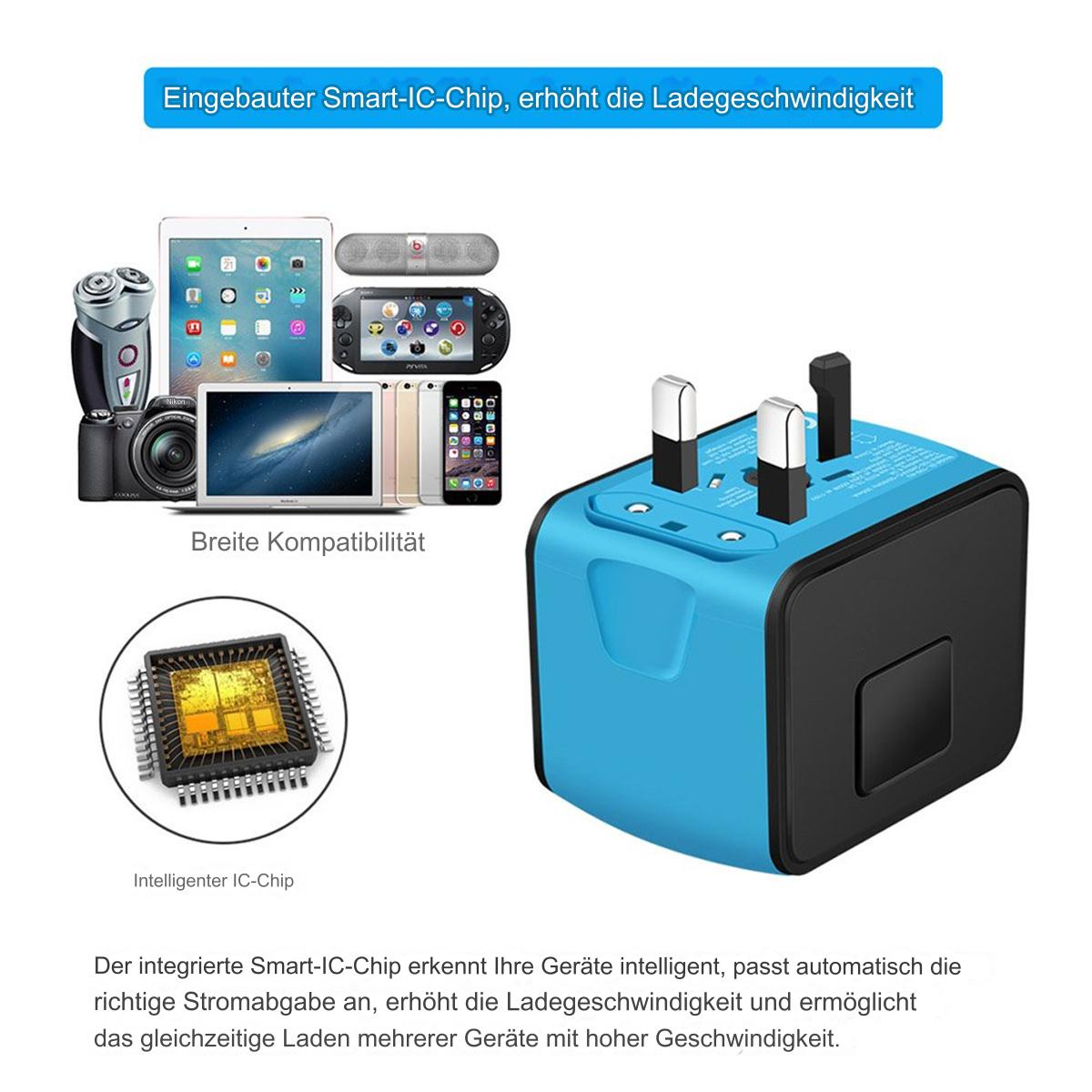 Blau-schwarzer Netzadapter mit mehreren Anschlüssen und einem intelligenten IC-Chip, umgeben von Elektronik.