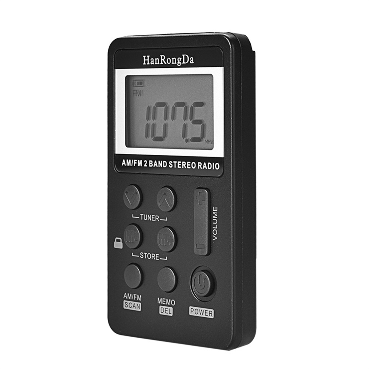 Ein schwarzes AM/FM-Radio mit Digitalanzeige, Tasten und Lautstärkeregelung, mit dem Markennamen HanRongDa.