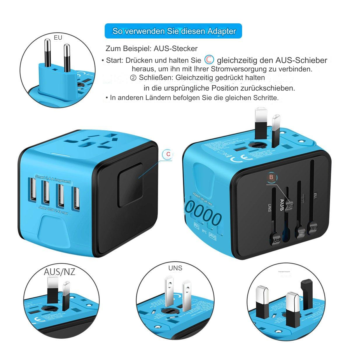 Blauer Adapter mit verschiedenen Stecker-Konfigurationen.