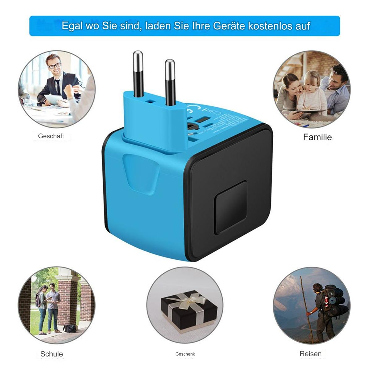 Blauer Reiseadapter mit Symbolen für Geschäft, Schule, Familie, Geschenke und Reisen.