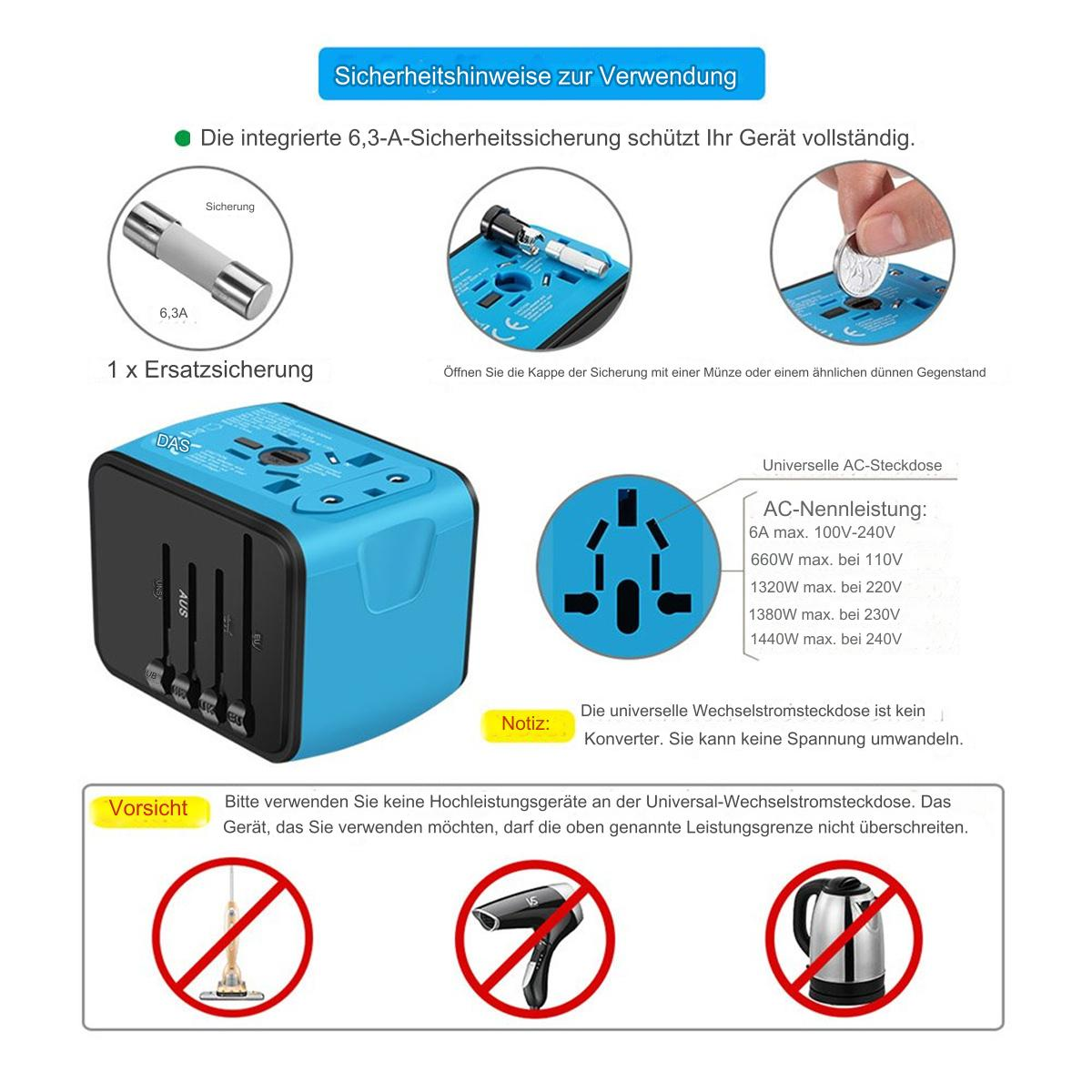 Blauer und schwarzer Netzadapter mit Anweisungen. Diagramme und Warnungen werden gezeigt.