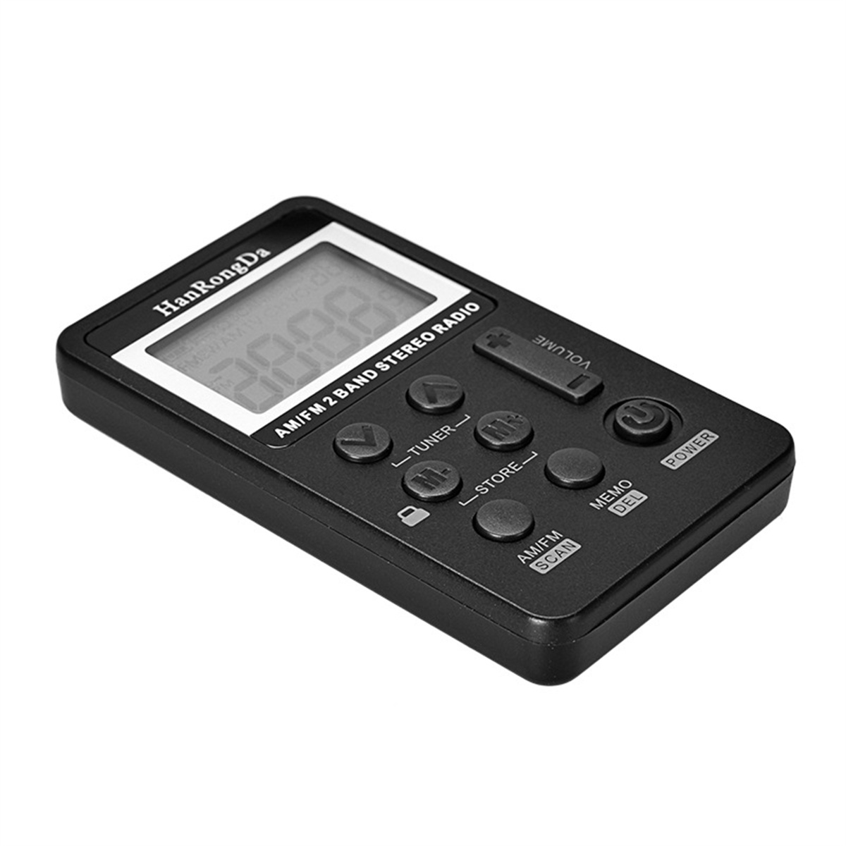 Schwarzes HanRongDa AM/FM-Radio mit digitaler Anzeige und mehreren Bedientasten.