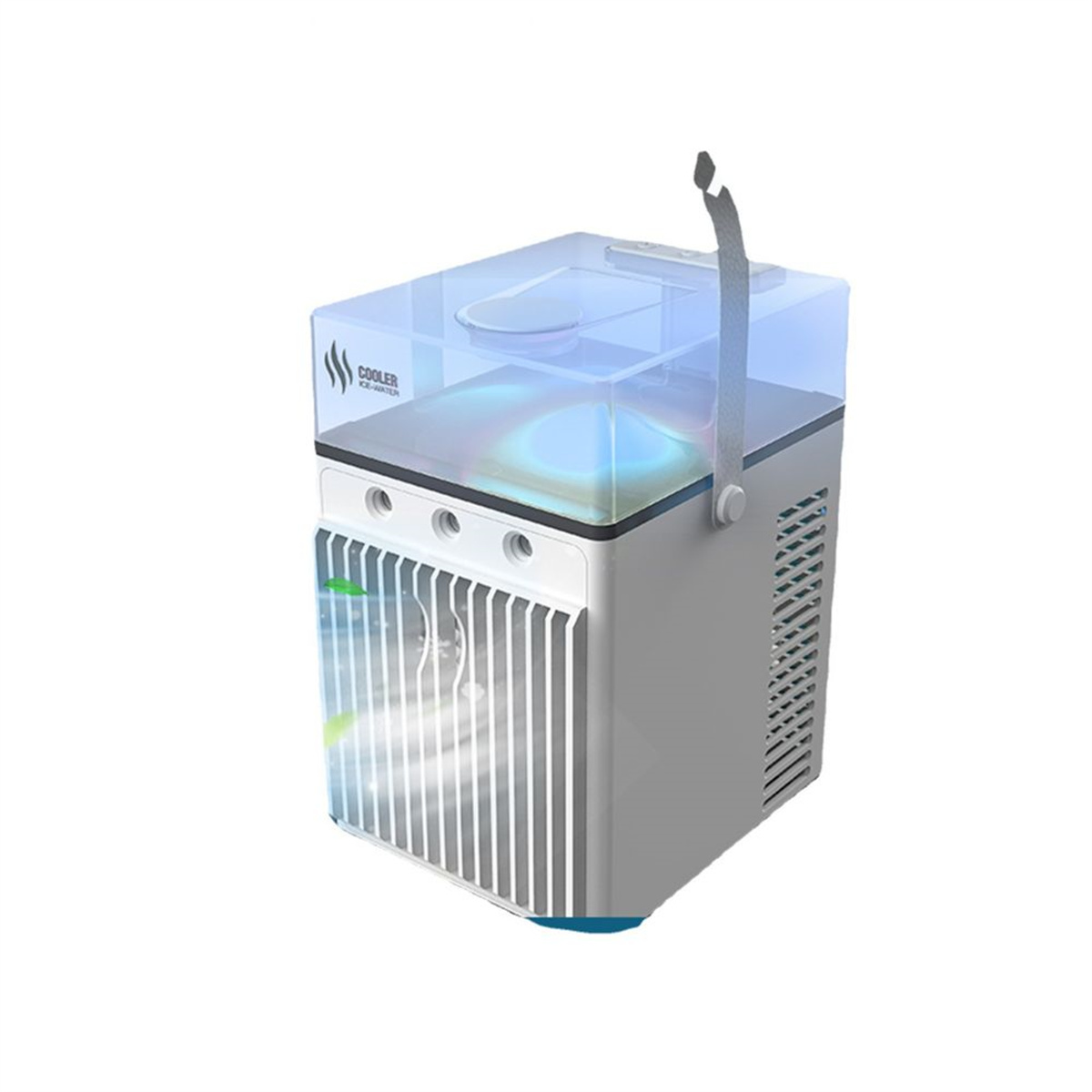 Weiß-graue Kühlbox mit blauem Deckel. Sie hat einen Griff und das Wort "Cooler" auf der Vorderseite.