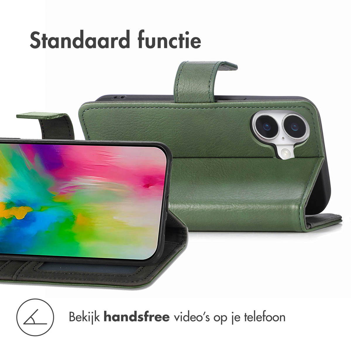 Grüne Handyhülle im Ständer-Modus mit Telefon und farbenfrohem Bildschirm.
